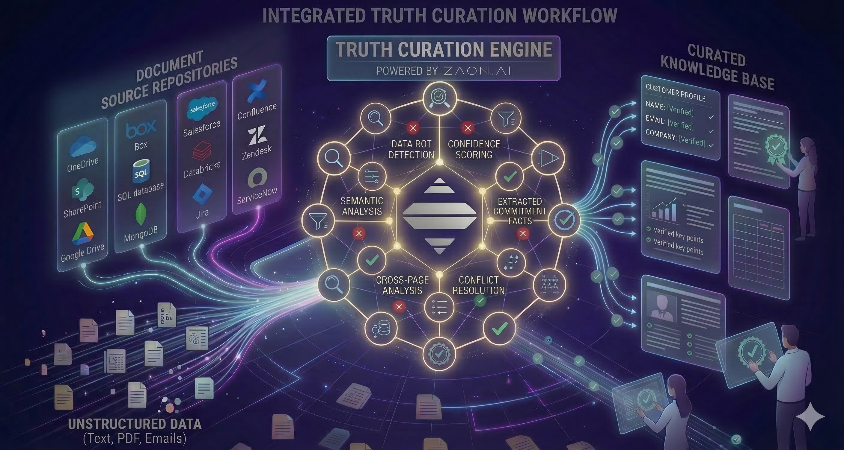 Integrated Truth Curation Workflow — Document Source Repositories flow through the Truth Curation Engine (Semantic Analysis, Data Rot Detection, Confidence Scoring, Cross-Page Analysis, Conflict Resolution, Extracted Commitment Facts) to produce a Curated Knowledge Base with verified key points